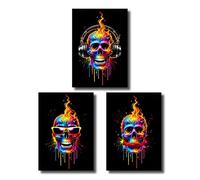 3-Piece Poster Set, DIN A2, Skulls Inspired by the 3 Monkeys (See Nothing, Hear Nothing, Say Nothing), Colourful Flames, Neon Colours, Wall Decoration for Living Room, Office & Gaming Room