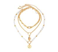 3-Piece Pre-Stacked Portrait Palm Charm Necklace Set, Imitation Pearl Baroque Tiered Jewelry, Unequal Length Layered Necklaces for Blouse Leather Outerwear Outfit