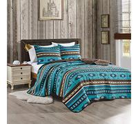 3-Piece Printed Oversize Queen Size Quilt Set, All-Season Bedspread, Native American Tribal Navajo Pattern Coverlet with Pillow Shams Bed Cover (Turquoise Blue, Brown, Khaki, Southwestern)
