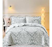 3 Piece Printed Quilted Comforter Bed Throw Bedding Set Bedspread & Pillow Sham Machine Washable (Damask Grey, Double)