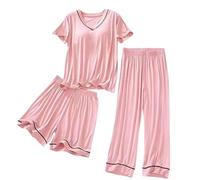 3 Piece Pyjama Sets For Women Uk Plain Loungewear Set Built In Bra Short Sleeve Tops Shorts And Pants Pyjama Sets Cosy Soft Sleepwear Breathable Oversize Nightwear Casual Homewear Pjs Set For Summer