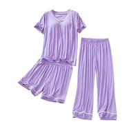 3 Piece Pyjamas Set For Women, Womens 3 Piece Pyjamas Set Casual Short Sleeve Nightwear With Bra-Padded Top Shorts And Pants Soft Soild Color Loungewear Breathable Home Wear Lightweight Sleepwear