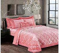 3 Piece Quilted Bedspread/Bed Throw with Pillow Shams Luxury Premium Quality Crushed Velvet (Blush Pink, Super King)