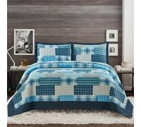 3 Piece Quilted Bedspread Printed Patchwork Comforter Set Coverlet Quilt Bed Throw Bedding Set with Oxford Pillow Shams (Denim Blue, Single)