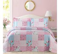 3 Piece Quilted Bedspread Printed Patchwork Comforter Set Coverlet Quilt Bed Throw Bedding Set with Oxford Pillow Shams (Floral Pink, Single)