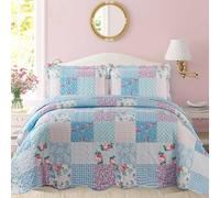 3 Piece Quilted Bedspread Printed Patchwork Comforter Set Coverlet Quilt Bed Throw Bedding Set with Oxford Pillow Shams (Floral Blue, Single)