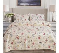 3-Piece Quilted Bedspread Set - Reversible Lightweight Patchwork Quilt with 2 Pillow Shams | Vintage Floral Design Comforter Throw | Double & King Size Bedding (Rose Meadow)