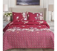 3-Piece Quilted Bedspread Set - Reversible Lightweight Patchwork Quilt with 2 Pillow Shams | Vintage Floral Design Comforter Throw | Double & King Size Bedding (Red Charm)