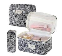 3 Piece Quilted Makeup Necessaire Cotton with Zip | Toiletry Bag Set - for Girls School Home Travel Bathroom Hotel Brushes Skin Care