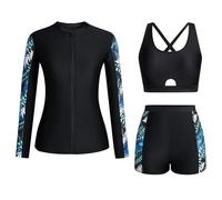 3-Piece Rash Guard Swimsuits for Women UV UPF 50+ Long Sleeve Wetsuit Swimming Costume Zip Boyshort Bikini Set Modest Swimwear Sun Protection Swim Shirt Bikini Tops Surfing Bathing Suit