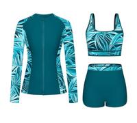 3-Piece Rash Guard Swimsuits for Women UV UPF 50+ Long Sleeve Wetsuit Swimming Costume Zip Boyshort Bikini Set Modest Swimwear Sun Protection Swim Shirt Bikini Tops Surfing Bathing Suit
