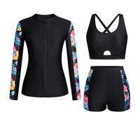 3-Piece Rash Guard Swimsuits for Women UV UPF 50+ Long Sleeve Wetsuit Swimming Costume Zip Boyshort Bikini Set Modest Swimwear Sun Protection Swim Shirt Bikini Tops Surfing Bathing Suit