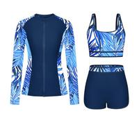 3-Piece Rash Guard Swimsuits for Women UV UPF 50+ Long Sleeve Wetsuit Swimming Costume Zip Boyshort Bikini Set Modest Swimwear Sun Protection Swim Shirt Bikini Tops Surfing Bathing Suit