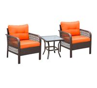 3 Piece Rattan Bistro Set Tempered Glass Table Patio Furniture Orange Cushions