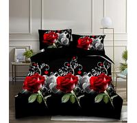 3-Piece Red Rose Black Base 359 Single Duvet Cover Set - 3D Printed Microfiber Quilt Cover with Fitted Sheet for Bedroom - Hotel Quality Shrink and Fade Resistant Bedding with 1 Pillowcase