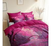 3 Piece Reversible Duvet Cover, Anime Style Fantasy Scenery Super King Size 260 x 220 cm Bedding Set, Deep Rose Premium Brushed Microfiber Bedding Set, With Pillowcases, for All Season