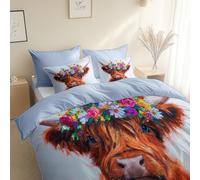 3 Piece Reversible Duvet Cover, Bohemian Style Highland Cattle King Size 230 x 220 cm Bedding Set, Gray Blue Premium Brushed Microfiber Bedding Set, With Pillowcases, for All Season