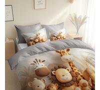 3 Piece Reversible Duvet Cover, Cartoon Doodle Jungle AnimalsSize 230 x 220 cm Bedding Set, Grey Premium Brushed Microfiber Bedding Set, With Pillowcases, for All Season