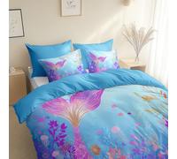 3 Piece Reversible Duvet Cover, Cartoon Style Mermaid Tail Super King Size 260 x 220 cm Bedding Set, Sky Blue Premium Brushed Microfiber Bedding Set, With Pillowcases, for All Season