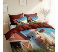 3 Piece Reversible Duvet Cover, Cartoon Style Rural Cows King Size 230 x 220 cm Bedding Set, Dark Chestnut Premium Brushed Microfiber Bedding Set, With Pillowcases, for All Season