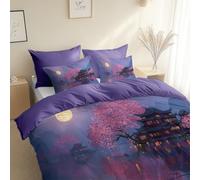 3 Piece Reversible Duvet Cover, Chinese Landscape Buildings At Night King Size 230 x 220 cm Bedding Set, Gray Lavender Premium Brushed Microfiber Bedding Set, With Pillowcases, for All Season