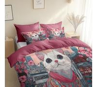 3 Piece Reversible Duvet Cover, Comic Style Cat Flowers King Size 230 x 220 cm Bedding Set, Retro Pink Premium Brushed Microfiber Bedding Set, With Pillowcases, for All Season