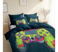 3 Piece Reversible Duvet Cover, Doodle Style Game Controller Super King Size 260 x 220 cm Bedding Set, Dark Blue Green Premium Brushed Microfiber Bedding Set, With Pillowcases, for All Season
