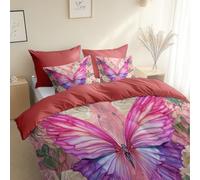 3 Piece Reversible Duvet Cover, Fantasy Style Watercolor Butterfly Super King Size 260 x 220 cm Bedding Set, Retro Pink Premium Brushed Microfiber Bedding Set, With Pillowcases, for All Season