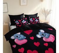 3 Piece Reversible Duvet Cover, Love Theme Koala Heart Shaped Pattern Super King Size 260 x 220 cm Bedding Set, Black Premium Brushed Microfiber Bedding Set, With Pillowcases, for All Season