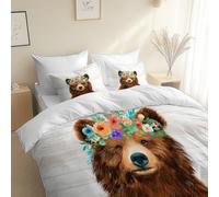 3 Piece Reversible Duvet Cover, Watercolor Style Animal Bear King Size 230 x 220 cm Bedding Set, White Premium Brushed Microfiber Bedding Set, With Pillowcases, for All Season
