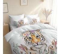 3 Piece Reversible Duvet Cover, Watercolor Style Tiger Flowers King Size 230 x 220 cm Bedding Set, White Premium Brushed Microfiber Bedding Set, With Pillowcases, for All Season