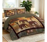 3 Piece Reversible Geometric Elephant Collage Printed Bedding Set Includes 1 Double Duvet Cover & 2 Pillowcases - Soft Microfibre Easy Care Bohemian Quilt Cover Set for All Seasons (Tan, 200 × 200 cm)