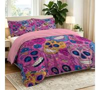 3 Piece Reversible Gothic Rose Flower Skull Printed Bedding Set Includes 1 Single Duvet Cover & 2 Pillowcases - Soft Microfibre Easy Care Skull Quilt Cover Set for All Seasons (Pink, 135 × 200 cm)