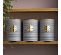Cooks Professional Kitchen Storage Set | 3-Piece Ribbed with Bamboo Lids | Tea Coffee Sugar | Grey/Brass