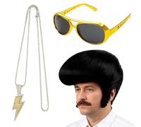 3-Piece Rock Legend Wig Set, Men's Black Wig for 50s 60s Rocker Costume, Includes Retro Glasses and Necklace, Ideal for Halloween and Theme Parties