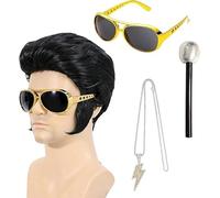 3-Piece Rocker Costume Set with Wig, Sunglasses and Necklace for 50s 60s Themed Parties, Cosplay Events and Halloween Celebrations, Classic Rock Legend Outfit for Music Fans and Costume Enthusiasts