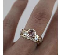3-Piece Round Morganite Engagement Ring Set for Women - 14K Gold Plated Bezel-Set Promise Ring with Stackable Baguette & Pave Wedding Bands, Bridal Jewelry Gift L 1/2