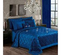 3-Piece Royal Blue Quilted Crushed Velvet Bedspread King 250 x 250 cm - Hotel Quality Soft Plush Bed Throw for Bedroom - Santiago Embossed Diamond Bedding with 2 Pillow Shams