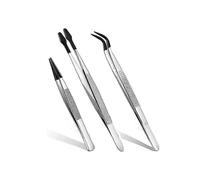 3-Piece Rubber Tip Tweezers Set, 6-Inch Straight Flat Tweezers, 6-Inch Curved Tip Tweezers, and 4.7-Inch Pointed Tweezers