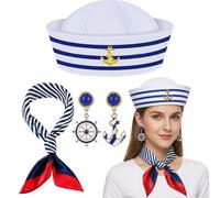 3-Piece Sailor Outfit Set, Sailor Hat and Scarf Accessories, Nautical Fancy Dress Costume for Themed Events, Complete Sailor Hats Ensemble with Earrings Red