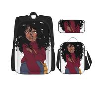 3 Piece School Bag Set with Polyester Backpack Lunch Box Pencil Case | Black Girl Anime Printed Large Capacity School Backpack Set Lightweight Bookbag Travel Rucksack