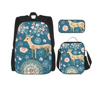 3 Piece School Bag Set with Polyester Backpack Lunch Box Pencil Case | Cartoon Deer Flower Printed Large Capacity School Backpack Set Lightweight Bookbag Travel Rucksack