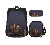 3 Piece School Bag Set with Polyester Backpack Lunch Box Pencil Case | City Seattle Printed Large Capacity School Backpack Set Lightweight Bookbag Travel Rucksack
