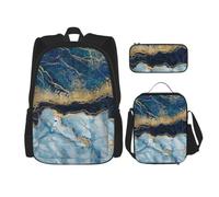 3 Piece School Bag Set with Polyester Backpack Lunch Box Pencil Case | Marble Navy Blue Mixed Printed Large Capacity School Backpack Set Lightweight Bookbag Travel Rucksack