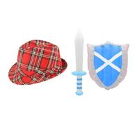3-Piece Scottish Costume Accessories - Red Tartan Fedora Hat with Inflatable Sword and St. Andrew’s Cross Shield - Perfect for Burns Night, Sports Events & Stag Parties Scotland Fancy Dress Costume