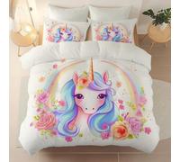 3 piece set Apricot Duvet Cover Set 230 x 220 cm -1 Quilt Cover + 2 Pillow Cases, Reversible Easy Care Brushed Microfiber Bedding, Cartoon Unicorn Flowers Printed Bedding Machine Washable