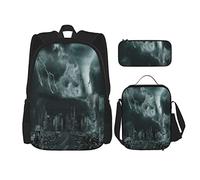 3 Piece Set Backpacks 3D Tornado Hurricane's Destruction Fictitious City With Flying Debris And Collapsing Structures Book Bag Travel Work School Bag Pencil Case Lunch Bag For Men Women Boys Girls