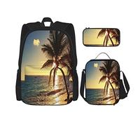 3 Piece Set Backpacks Beach Sunset Tropical Hawaii Coastal Palm Tree Wave Nature Landscape Black Yellow Book Bag Travel Work School Bag Pencil Case Lunch Bag Combination For Men Women Boys Girls