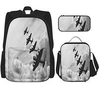 3 Piece Set Backpacks Black White Retro Image of Lancaster Bombers from Battle of Britain School Bag Pencil Case Lunch B
