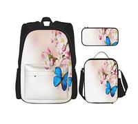 3 Piece Set Backpacks Blue Butterfly On Spring Cherry Blossoms Japanese Flower White Pink Orchard Nature Book Bag Travel Work School Bag Pencil Case Lunch Bag Combination For Men Women Boys Girls